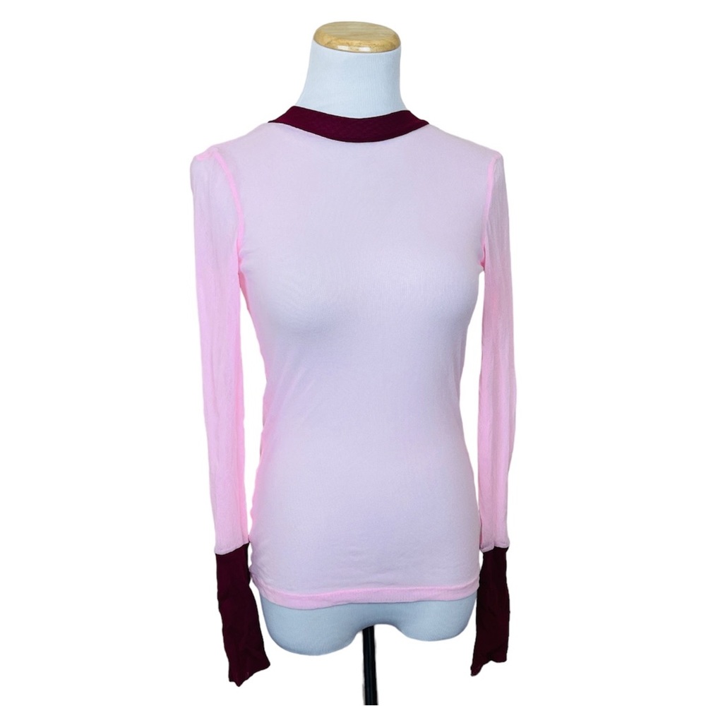 FREE PEOPLE Pink Mesh Sheer Long Sleeve Top SMALL Y2K Rave EDM